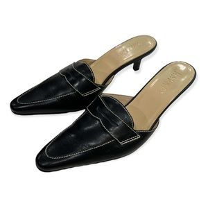 LRL "Doreen" contrasting stitch leather pointed Penny loafer vamp slide